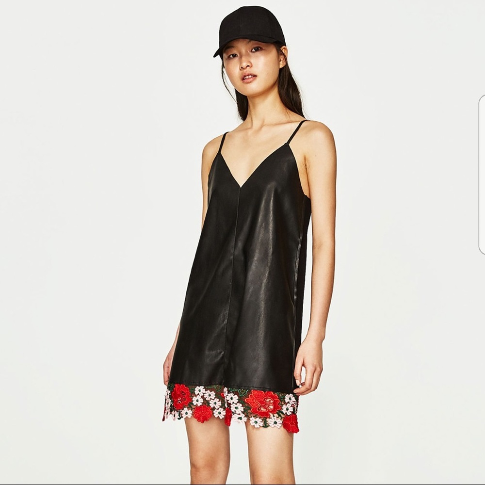 Zara Leather Slip Dress Floral Trim